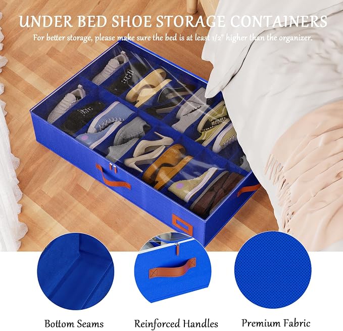 homyfort Under Bed Shoe Storage Organizer, Underbed Shoes Storage Containers, set of 2, fits up to 32 Pairs of Shoes (Blue)