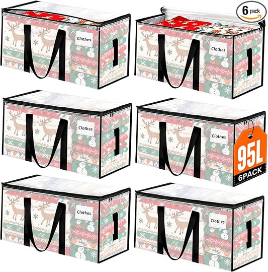 Oversized 6 Pack Moving Bags with Reinforced Handles,Heavy-Duty Moving Boxes with Zippers & Carrying Handles,Foldable Storage Totes For Space Saving,Transparent Storage Bags for College Dorm,Traveling