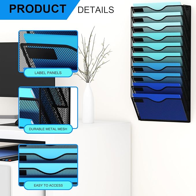 10 Pockets Hanging Wall File Organizer Mail Holder, Wall Mounted Paper Document Folder Holder, Clipboard Storage Organization Magazine Rack, Black