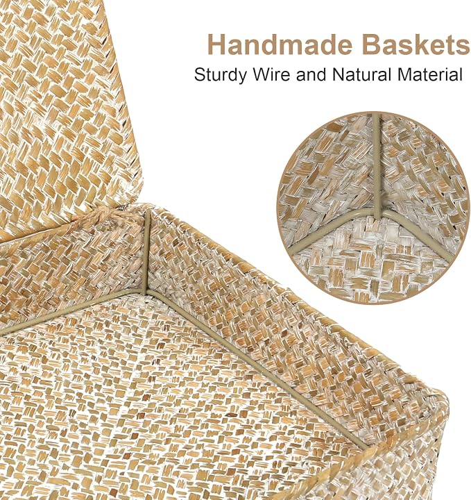 Set of 2 Flat Seagrass Storage Bins with Lid Wicker Storage Baskets for Organizing, Woven Shelf Organizer Bins Home Utility Organizer Box for Home & Office Supplies