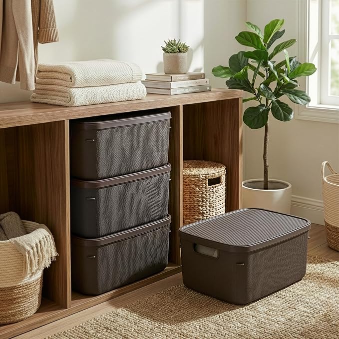 BINO | Plastic Storage Bins with Lids, 13 Liter - 3 Pack, Dark Brown | THE TWILL COLLECTION | Plastic Bins for Organization | Woven Storage Baskets for Organizing | Pantry Shelf Organizer Basket Bin