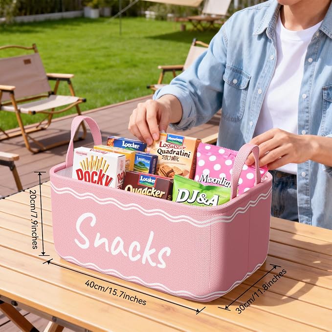 Snack Basket for Pantry & 5 Seal Clips - Snack Bin Organizer for Countertop - Imitation Linen Snack Storage Containers for Storing Chips, Pretzels, Cookies, Popcorn and more (1, Pink)