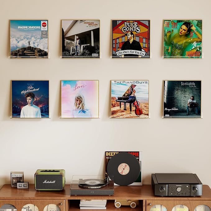 Laurensory Vinyl Record Wall Mount Shelves, 12 inch Vinyl Holder, 8 Pack | Clear Acrylic Floating Shelves for Album Record Storage Display, Wall Decor, Magazine Rack, Kids Bookshelf, Picture Ledge