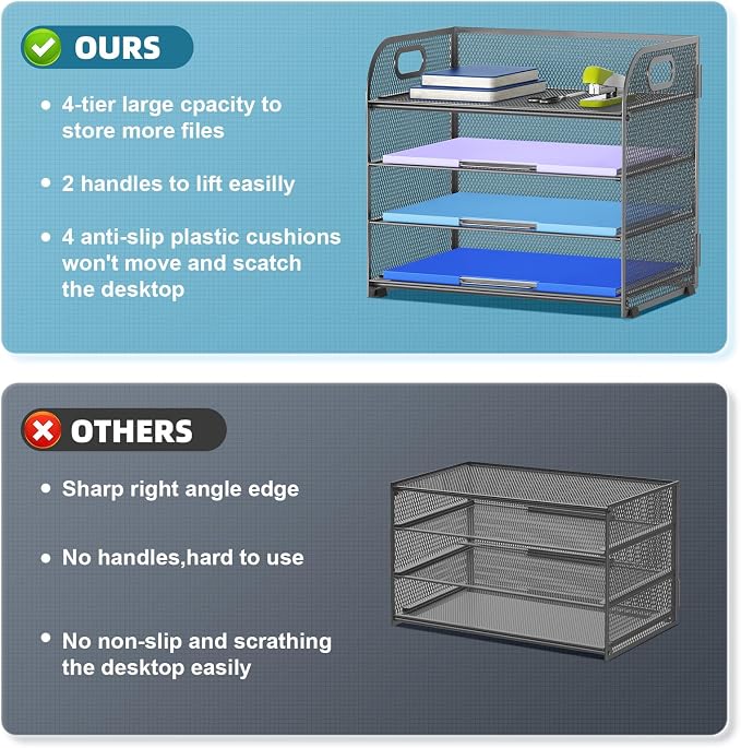 Marbrasse 4 Tier Paper Organizer Letter Tray - Mesh Desk File Organizer with Handle, Paper Sorter Organizer for Letter Office File Folder Holder (Grey, 12.6" x 9.1" x 10.7")