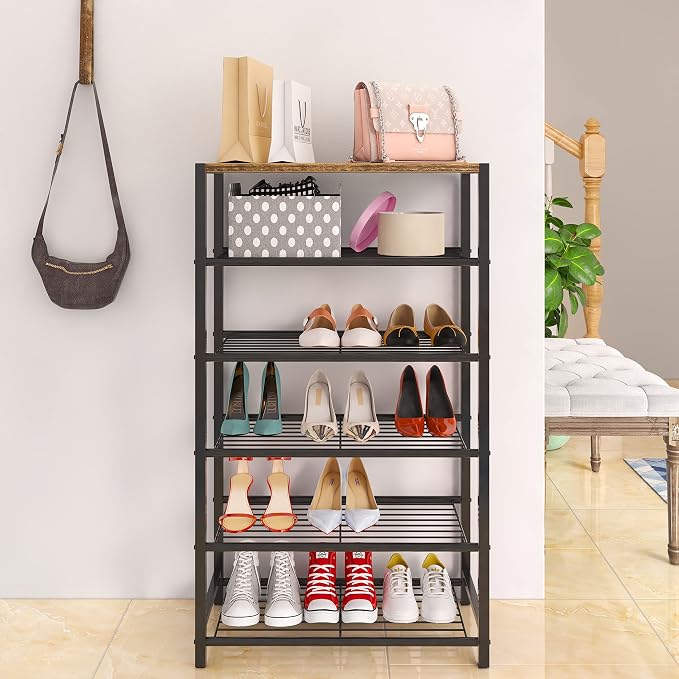 Yusong Shoe Rack Organizer, 6 Tier Industrial Shoe Storage Shelf, Narrow Sturdy Metal Shoe Shelves for Closet Entryway, Rustic Brown