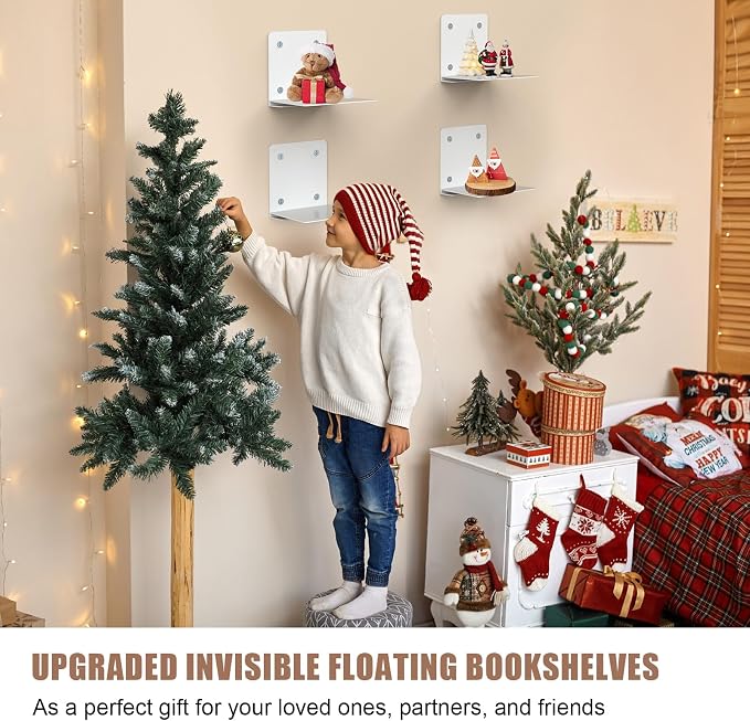 Eapele Invisible Floating Bookshelf, Heavy-Duty Hanging Bookshelves, Steel Constructed Wall Mounted Hidden Bookshelf with Mounting Hardware, 6PCS White