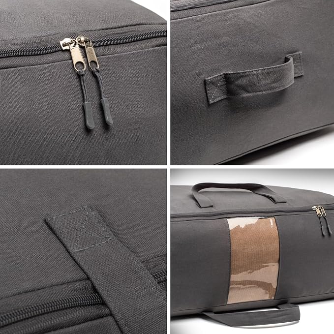 Soft Canvas Storage Bags with Zipper. Thick Breathable, 1pc King/Queen Comforter Organizer. Four Carrying Handles and Window. Large 25x19x9in Bag for Sheets Blankets Bedding Pillows, Clothes (Grey)