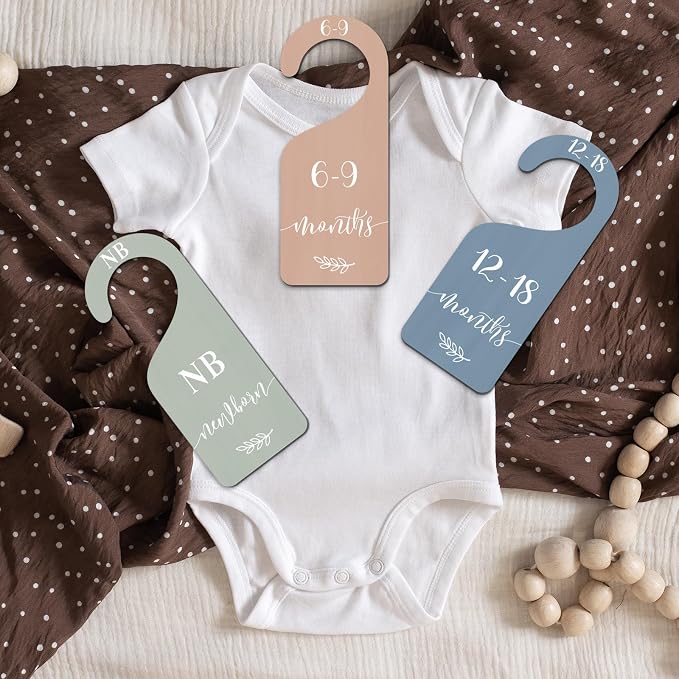 Whaline 7 Pcs Boho Wooden Baby Closet Size Dividers with Pink Velvet Bag Newborn to 24 Month Thicken Infant Wardrobe Hanger Organizers for Home Nursery Party Gift Supplies