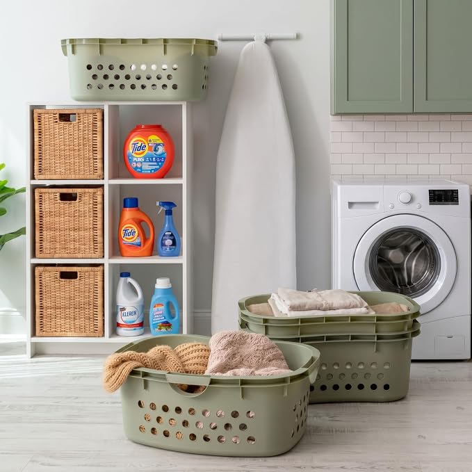 IRIS USA 51L Plastic Hip Hold Laundry Basket with Built-In Comfort Carry Handles 4-Pack, 1.5 Bushel, Clothes Hamper, Laundry Hamper, Ventilation Holes, for Closet Dorm Laundry Room Bedroom, Sage Green