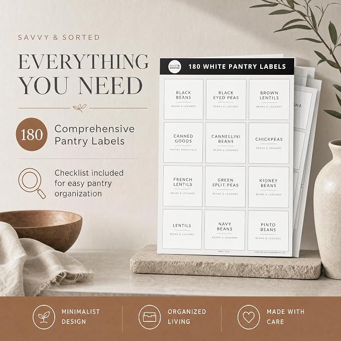 SAVVY & SORTED Minimalist Pantry Labels, 180 Waterproof Vinyl Stickers for Food Containers - Kitchen Labels for Organizing Storage Bins, Jars, Kitchen