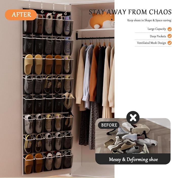 homyfort Over the Door Shoe Organizer, 40 Large Breathable Mesh Pocket,Space Saving Hanging Shoe Rack,Shoe Storage Holder for Entryway Bedroom Closet