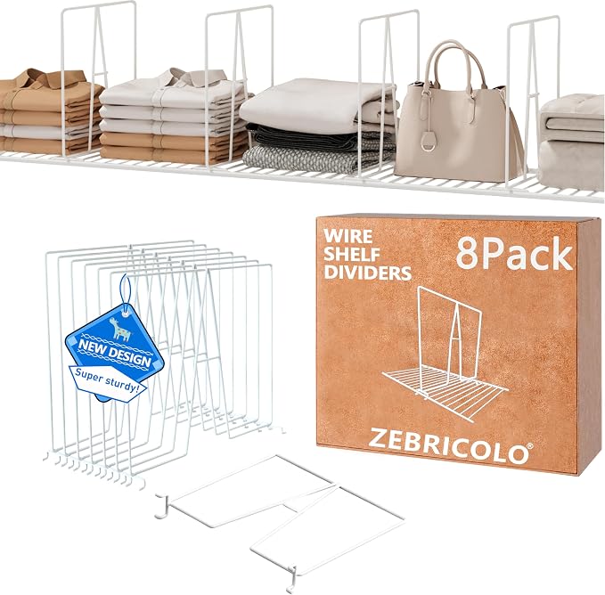 shelf dividers, create 40% more closet space, Set of 8, 12 inch wire shelf dividers, closet organizers and storage,supremely sturdy,closet shelf organizer,Will not break,closet dividers,No Tool,White