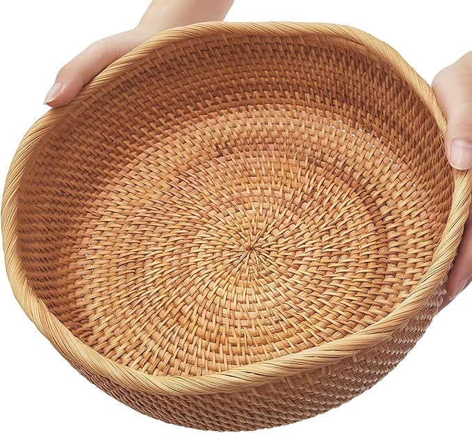 11.2" Large Wave Rattan Wicker Bread Basket, Natural Fruit Basket for Kitchen Counter, Hand Woven Food Baskets, Artisanal Bread Baskets for Serving, Fruit, Vegetable, Candy, Nuts, Keys, Wallets, Etc.