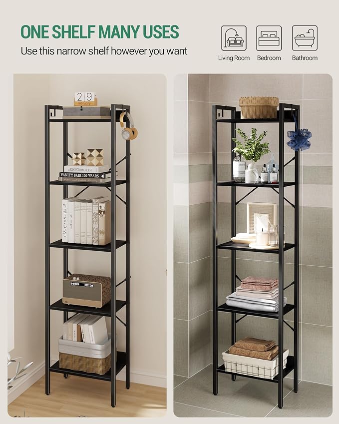 Hzuaneri Bookshelf, Book Shelf, Industrial Bookcase with 2 Hooks, Coner Shelf Storage Organizer for Home Office, Living Room, Bedroom, Kitchen, 5-Tier Black BC10504B