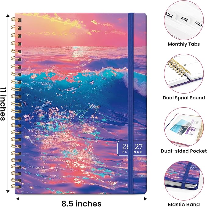 Planner 2026-2027, Hardcover Monthly and Weekly Academic Planner July 2026 - June 2027, Teacher and Student Calendar Agenda Book with Tabs, A5 (6.3" x 8.5"), Ideal for School and Office, Floral Planner, Sunwave Glow