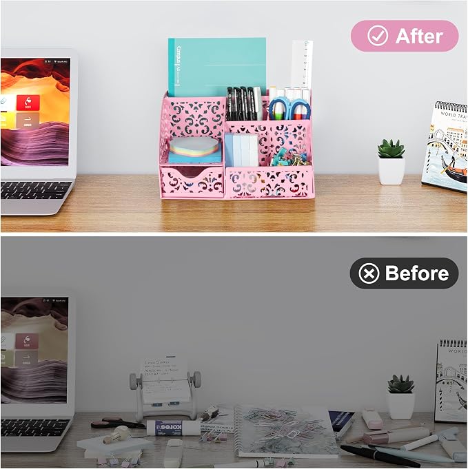 EasyPAG Desk Organizer and Pen Holder for Desk, Mesh Office Supplies Storage Caddy with Drawer for Small Space, Desktop Organizer for Home Office, Pink