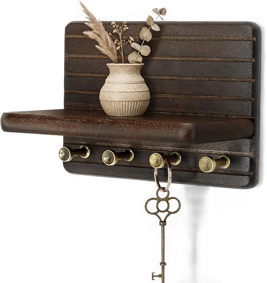 Rebee Vision Acacia Key Holder Wall Mount for Home Decor – Mini 7-inch Key Holder for Wall with 4 Sturdy Hooks & Floating Shelf - Mail Organizer for Home Essentials (Dark Acacia)