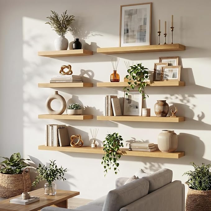 FLYJOE 48 Inch Floating Shelves for Wall Set of 2, 6.5" D Wood Grain Bathroom Shelves with Invisible Brackets, Easy Install Engineered Wood Storage Shelves for Kitchen, Living Room, Bedroom