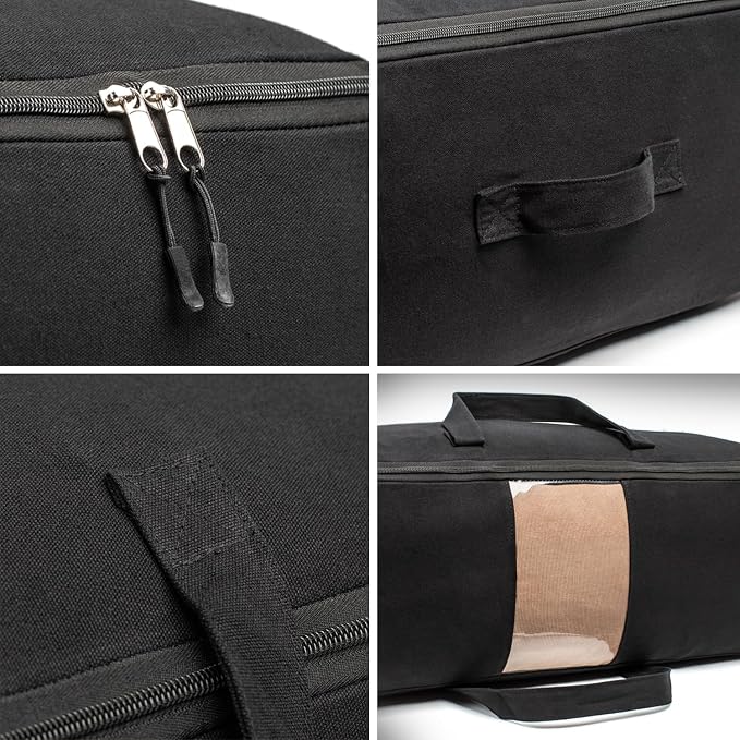 Soft Canvas Storage Bags with Zipper. Thick Breathable, 1pc King/Queen Comforter Organizer. Four Carrying Handles and Window. Large 25x19x9in Bag for Sheets Blankets Bedding Pillows, Clothes (Black)