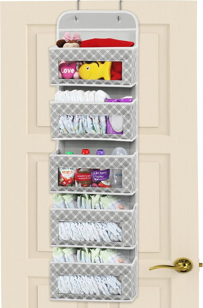 Simple Houseware 5 Clear Window Pocket Over Closet Door Storage Hanging Organizer for Bedroom, Bathroom, Pantry, Geometric Gray
