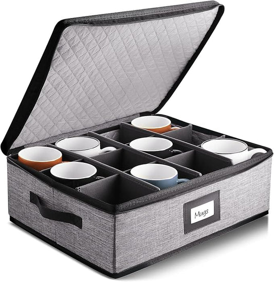 Coffee Mug Storage, Quilted and Stackable Coffee Cup Storage Organizer for Service of 12, Mug Storage Box with Dividers, Mug China Storage Containers Hard Shell for Moving and Seasonal Storage
