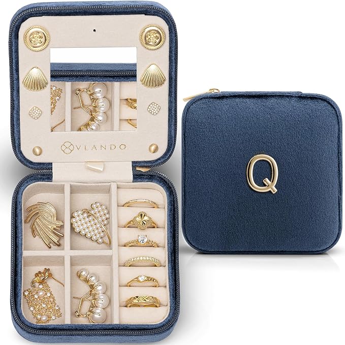 VLANDO Jewelry Organizer for Women, Jewelry Organizer, Necklace Organizer Earrings Ring Organizer, Jewelry Travel, Gifts for Women Travel Essentials - Letter Q, Periwinkle Blue