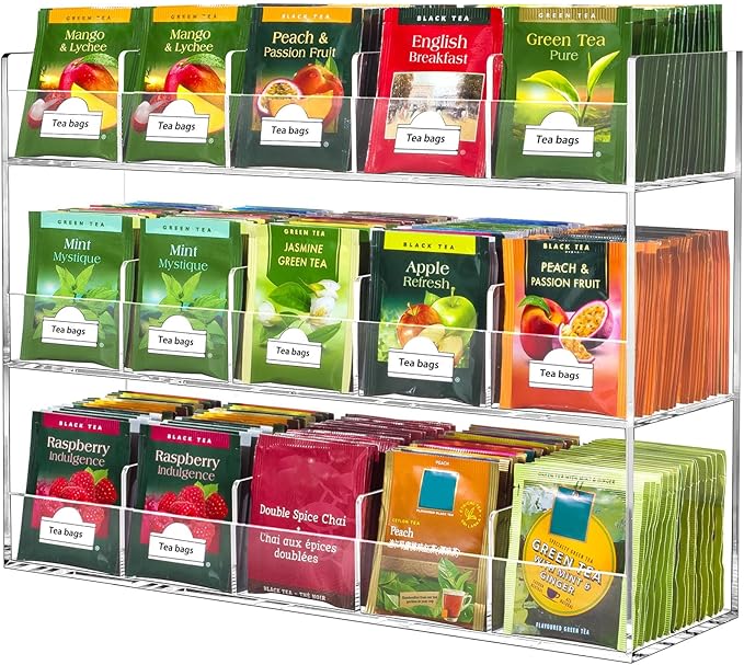 BEYGORM Acrylic Tea Bag Organizer for 270 Tea Packets, No Assembly Required Display Holder for Countertop, Vertical Tea Bag Caddy for Cabinet, Tea bar Accessories, Teabags Storage Containers