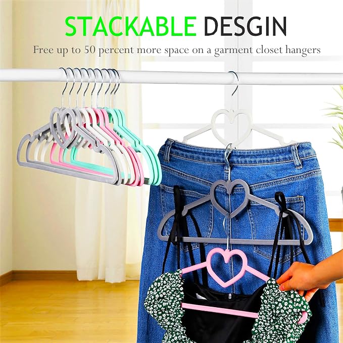 Velvet Hangers 50 Pack,16 Inch Non Slip Adult Heart Hanger (Grey) | 360° Swivel Hooks, Cascade Design, Space Saving