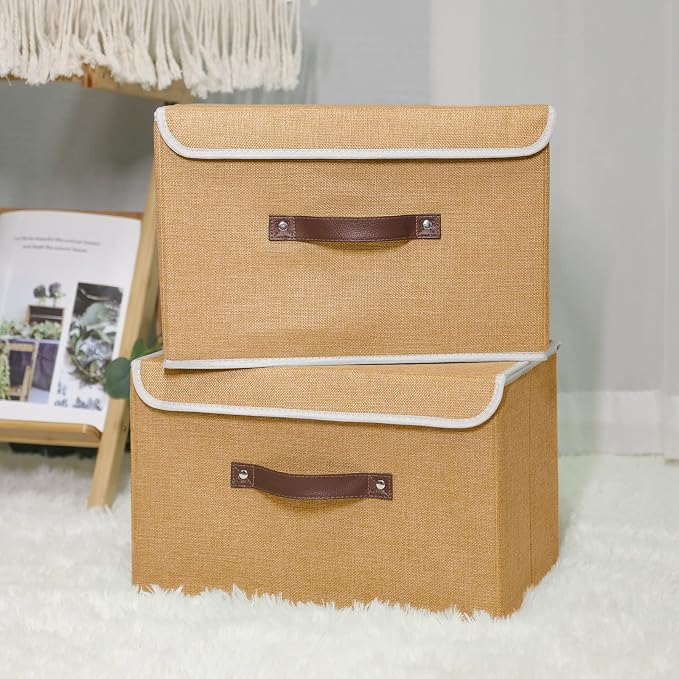 ANMINY 2PCS Storage Bin with Lid Storage Boxes with PU Leather Handles PP Plastic Board Decorative Foldable Lidded Cotton Linen Fabric Home Cubes Baskets Closet Organizer Container - Khaki, Medium