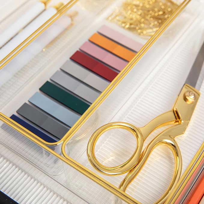 Martha Stewart Kerry Plastic Stackable Office Desk Drawer Organizers, 12" x 3", 6 Pack, with Gold Trim