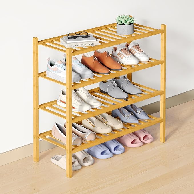 Smiry Bamboo Shoe Rack for Closet, 4 Tier Wooden Shoe Organizer, Stackable Wood Shoe Storage Shelf for Entryway, 14 Vertical Slats, 2+2 Stack Heavy-Duty Legs, 26.77"x11.02"x25.98", Natural