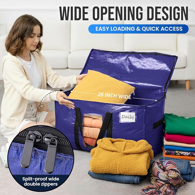 TAILI 12 Pack Dark Blue Extra Large Moving Bags, Heavy Duty Totes with Visible Window, Wrap Around Handles, Great for Space-Saving