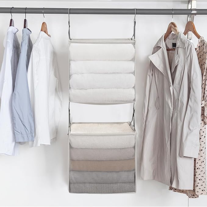 STORAGE MANIAC 2-Tier Hanging Closet Organizer, Fabric Storage Baskets with Hooks, Closet Shelves for Dorm Room, Apartment, Bedroom, Garment Rack & Wardrobe, Ivory