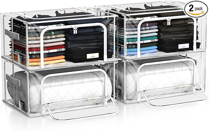 Sorbus Storage Bins with Metal Frame - Stackable & Foldable Clothes Organizer Bags - Clear Soft Plastic Storage Containers (4 Pack, Small)