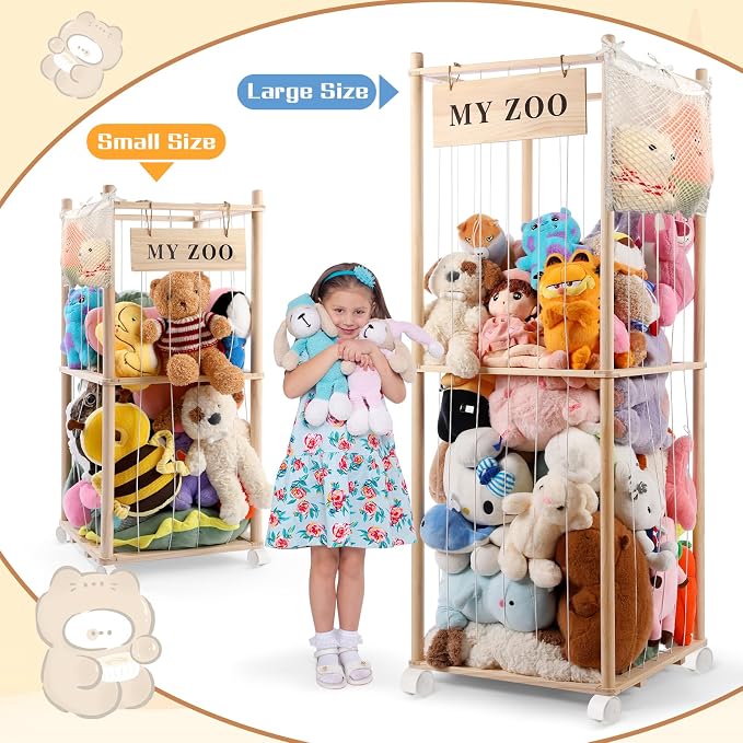 GLDZI Stuffed Animal Storage Zoo with Wheels, Wooden Stuffed Animal Organizer with Elastic Cords, Space Saving Toy Plushies Storage Holder for Playroom, Bedroom, Living Room(Burlywood, Small)