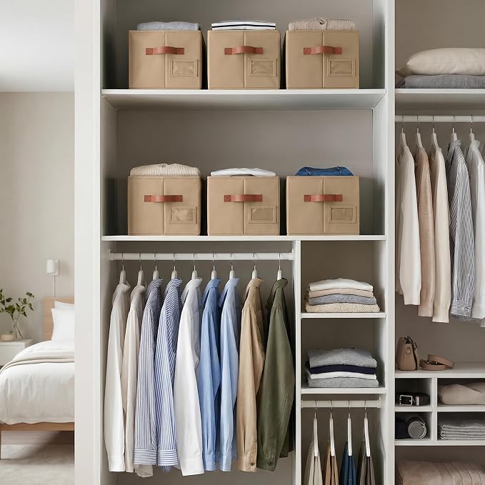 GRANNY SAYS Closet Storage Bins with Label, Closet Organizer Bins, Fabric Storage Basket with PU Handles, Clothing Storage Organizers, Brown, Medium, 3-Pack