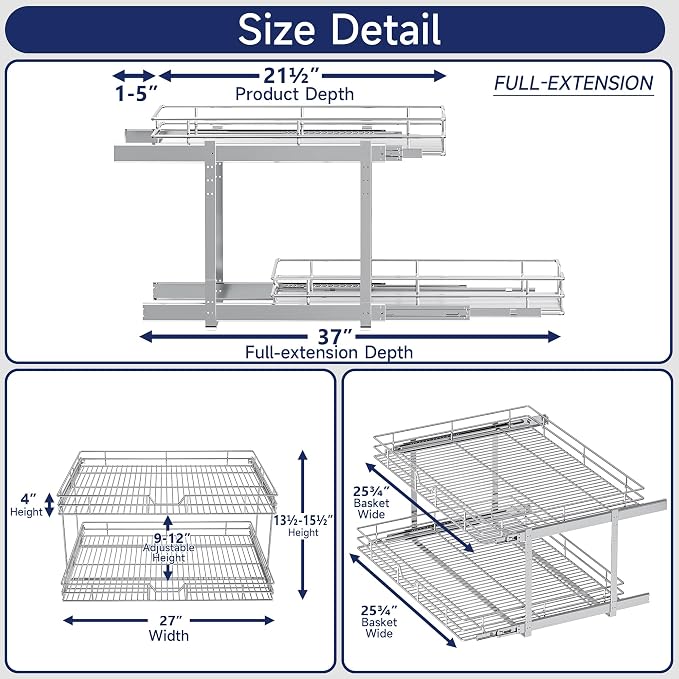 2-Tier Pull Out Cabinet Organizer, 27" W x 21.5" D, Heavy Duty Dual Slide Out Shelves for Wide Base Cabinets, Chrome Wire Basket Drawer for Pots, Pans, Pantry & Cleaning Supplies