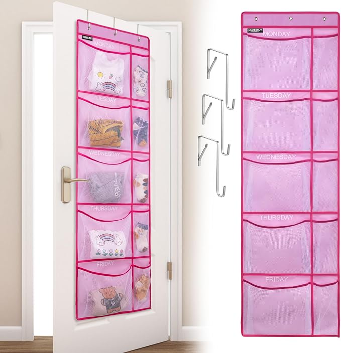 Weekly Kids Clothes Organizer - Day of Week School Clothing Organizer, Monday to Friday Time Save, No Odour, 5-Shelf Hanging Closet Storage (Pink)
