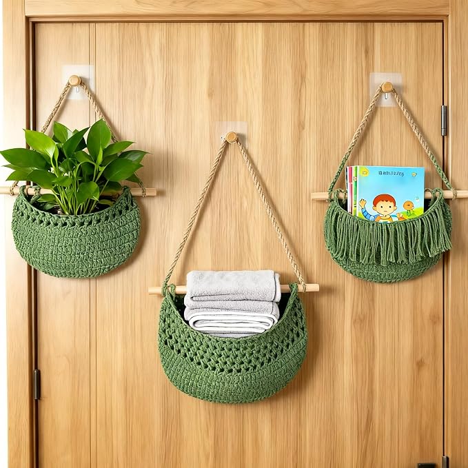 Halidali 3 Tier Hanging Fruit Baskets for Kitchen, Boho Cotton Rope Handwoven Vegetable Hammock Produce Storage Wall Mounted Large Organizing Basket for Farmhouse Decor, Onion, Potato (Green)