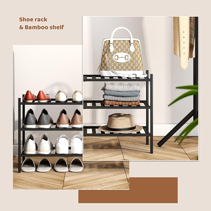 Bamboo Shoe Rack Stackable Shoe Shelf Storage Organizer for Unit Entryway Hallway and Closet Sturdy Freestanding Shoe Shelf(3L Tier Black)