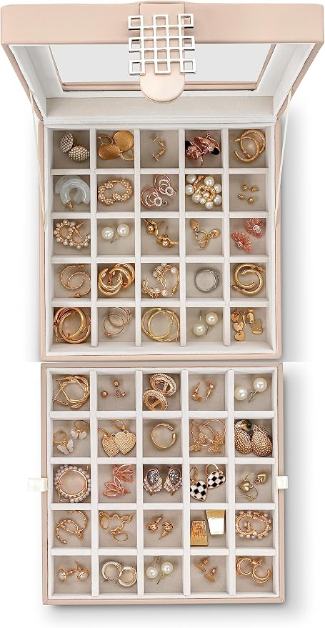 Glenor Co Earring Organizer - Classic 50 Section Jewelry Box/Case/Holder for Earrings, Rings, Necklaces, Jewelry, Cufflinks or Collections -2 Layer Small Compartments with Large Glass Top - Sand