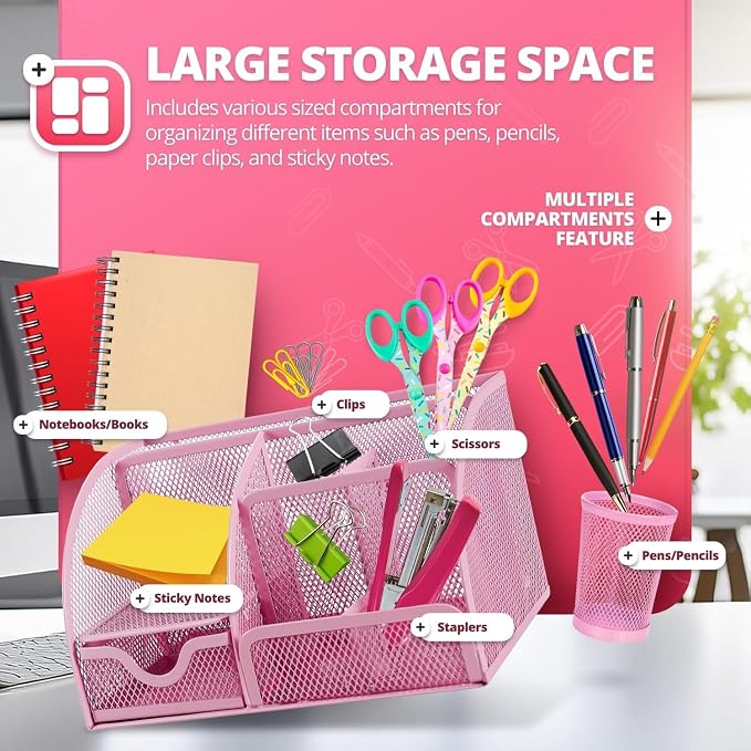 Flexzion Desk Top Caddy Organizer - Pink Office Desk Accessories Organizer and Storage - Metal Mesh Desk with 6 Compartments, Drawer and Pen Holder | Compact desktop caddy with separate pen holder; 8.7 x 5.5 x 5 in for office supplies, home study, or d...