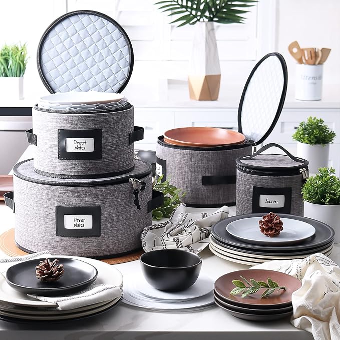 Fine China Hard Shell Dish Organizer - 5 Piece Stackable Mug and Plate Storage Containers with Dividers for Moving and Seasonal Storage, Grey