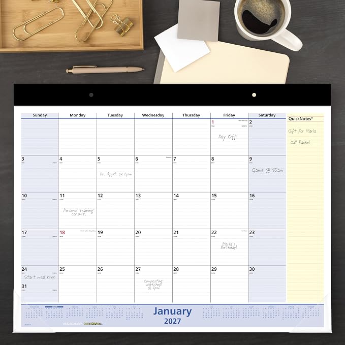 AT-A-GLANCE 2027 Desk Pad Calendar, Monthly Desk Wall Planner, 13-Month Jan-Jan, 21.75" x 17", QuickNotes (SK7000027)