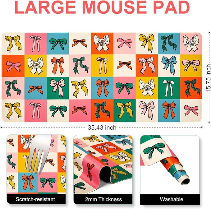 L-SPOUTTO Cute Bow Desk Mat for Keyboard and Mouse,Girly XL Large Mouse Pad | Non-Slip Keyboard Pad Waterproof Desktop Mat for Laptop Computer Work Game Home Office-Checkered Bow