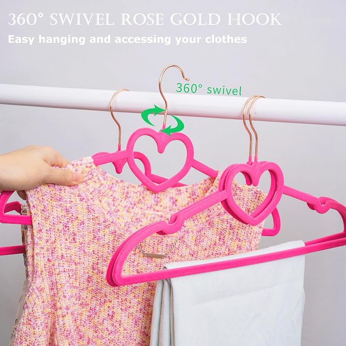 Velvet Hangers 20 Pack,16 Inch Non Slip Adult Heart Hanger(Hot Pink) | 360° Swivel Hooks, Cascade Design, Space Saving