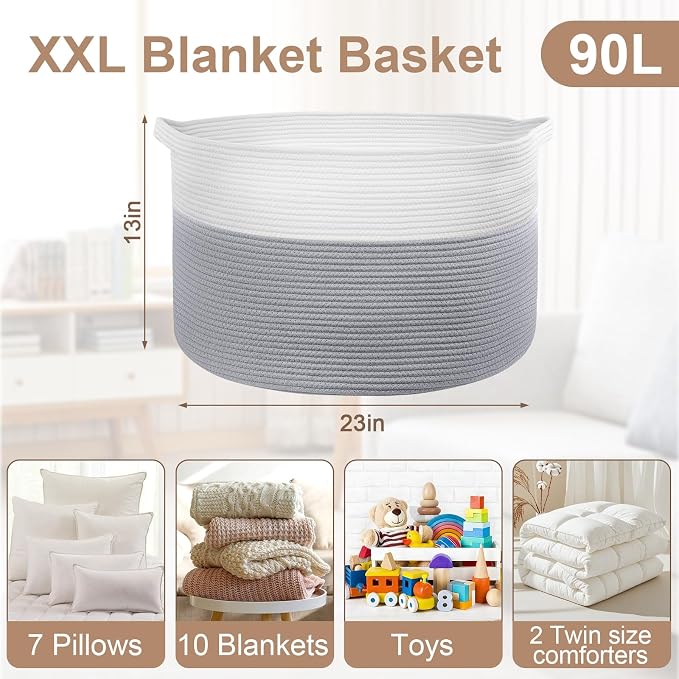 XXL Large Laundry Basket, 90L Soft Cotton Rope Basket, Blanket Storage and Organizers, Baby Nursery Laundry Hamper, Extra Large Toys Storage Bins for Kids 23'' x 13'', White & Gray