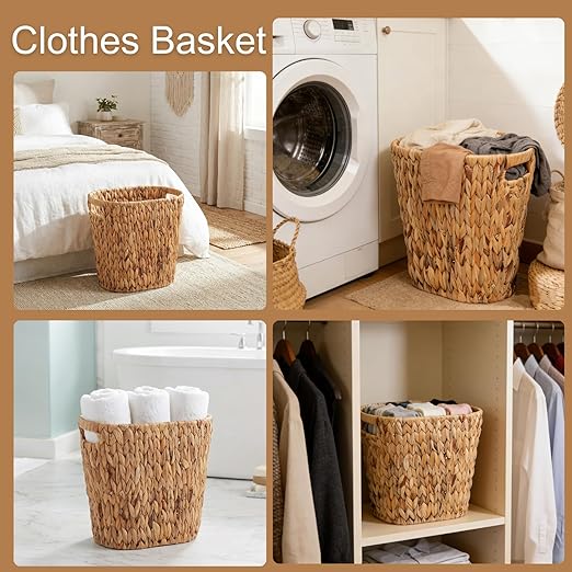 Pumtus Woven Trash Can, Handwoven Bathroom Waste Basket with Built-in Handles, Water Hyacinth Storage Bin, Garbage Laundry Magazine Container for Bedroom, Kitchen, Office, Utility Room