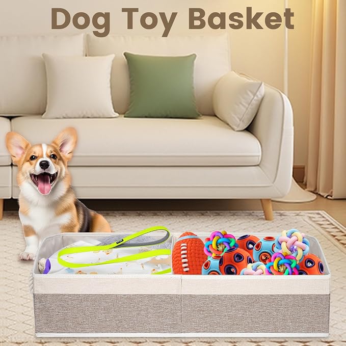 Large Dog Toy Basket with Handle, Foldable Dog Toy Box for Living Room Area , 28.5" Basket for Dog's Supplies, Organizer and Storage with Hard Board, Anti-Slip for Pet Toys (Brown, Large 28.5"×15")