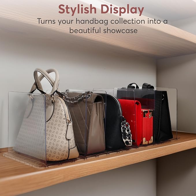 Plastic Purse Organizer Closet - Pack of 2 Handbag Organizer with Adjustable Dividers & Sturdy Base - Purse Storage Organizer for Closet, Space-Saving Handbag Storage Organizer for Shelves